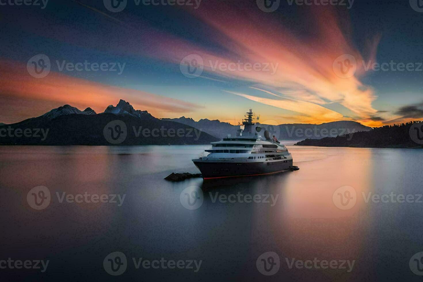 un' yacht nel il mezzo di un' lago a tramonto. ai-generato foto