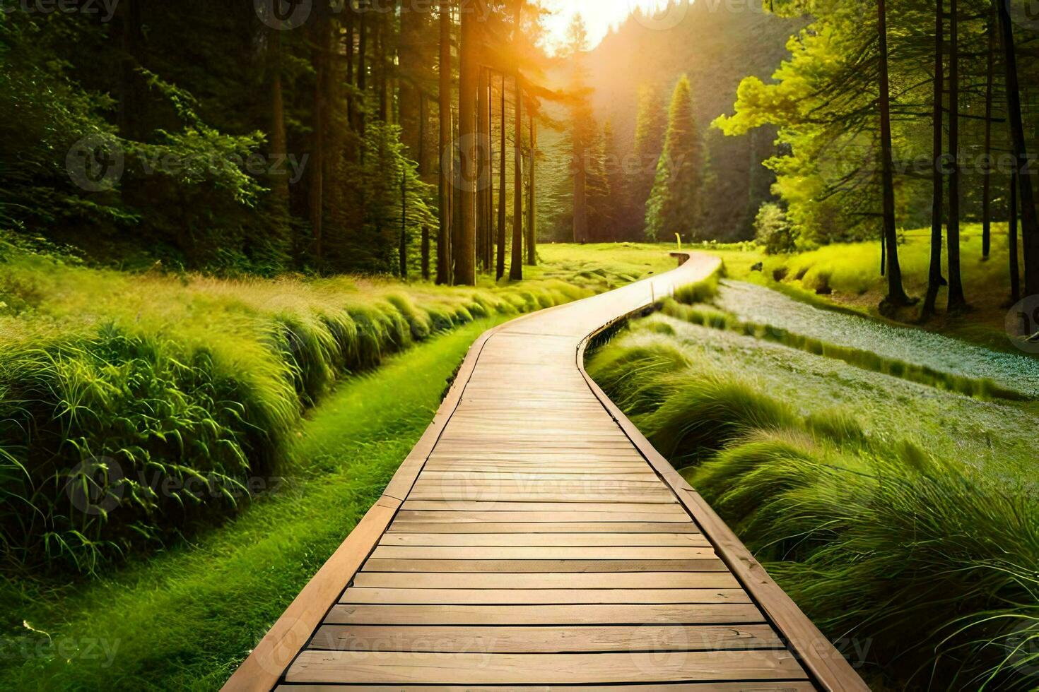 di legno sentiero nel il foresta a tramonto. ai-generato foto