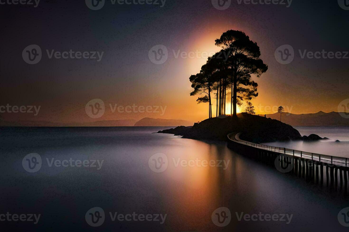 un' lungo esposizione fotografia di un' albero su un' molo a tramonto. ai-generato foto