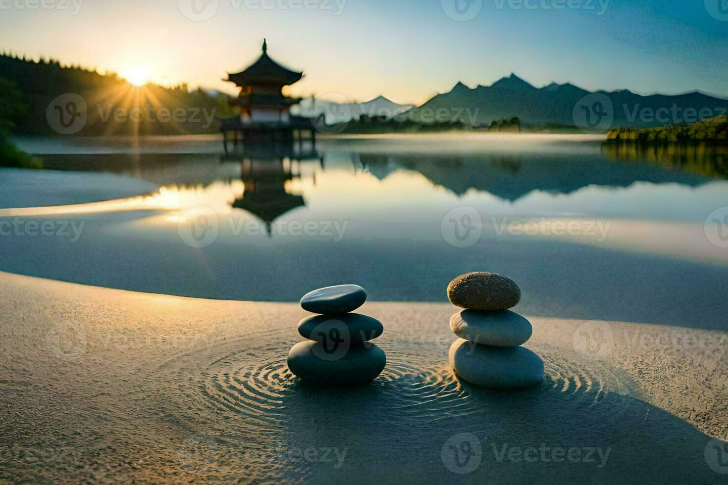 il zen giardino di il lago. ai-generato foto