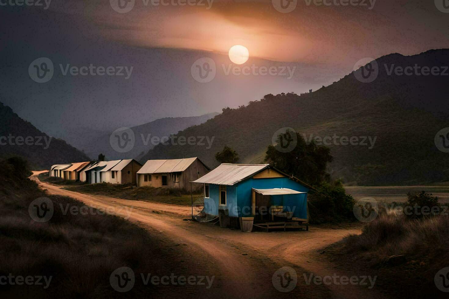 un' sporco strada con case su esso a tramonto. ai-generato foto