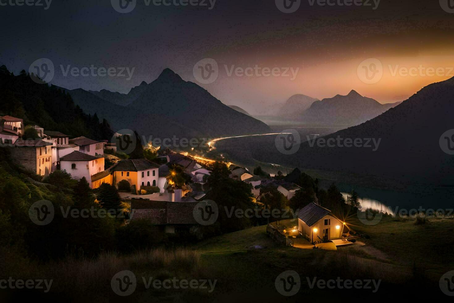 un' villaggio nel il montagne a tramonto. ai-generato foto