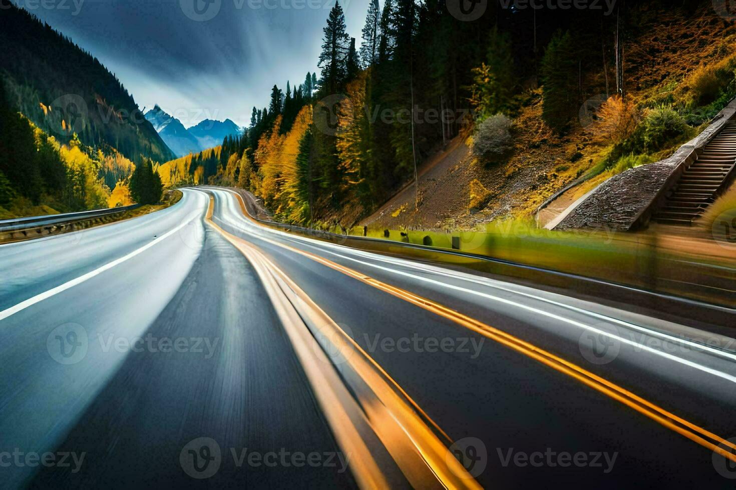 un' lungo esposizione fotografia di un' autostrada con un' montagna nel il sfondo. ai-generato foto