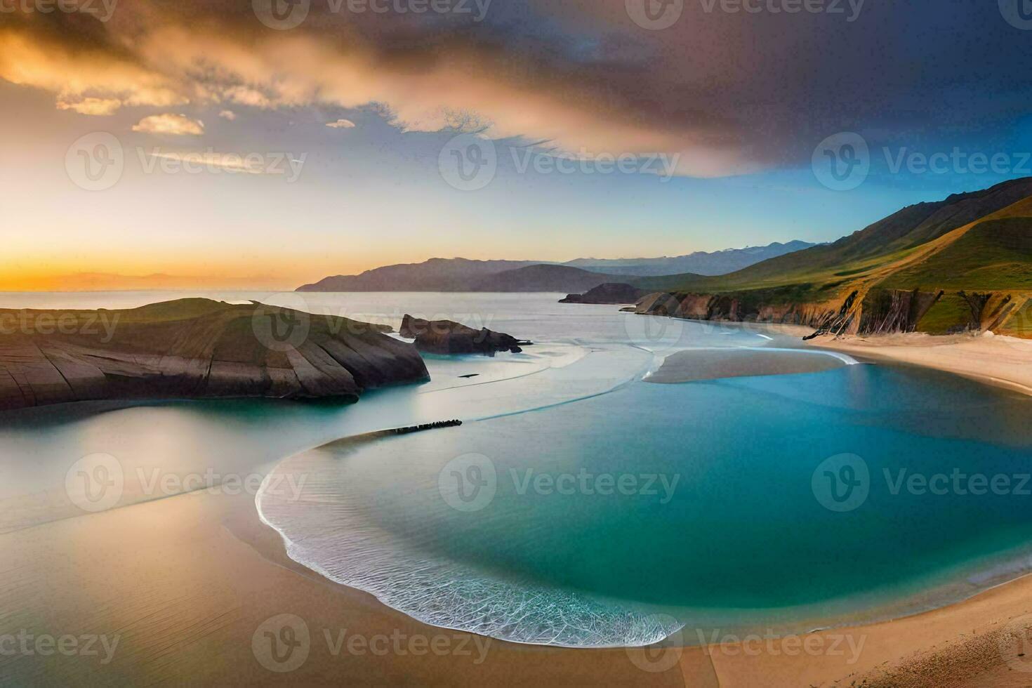 un' bellissimo spiaggia a tramonto con onde e sabbia. ai-generato foto