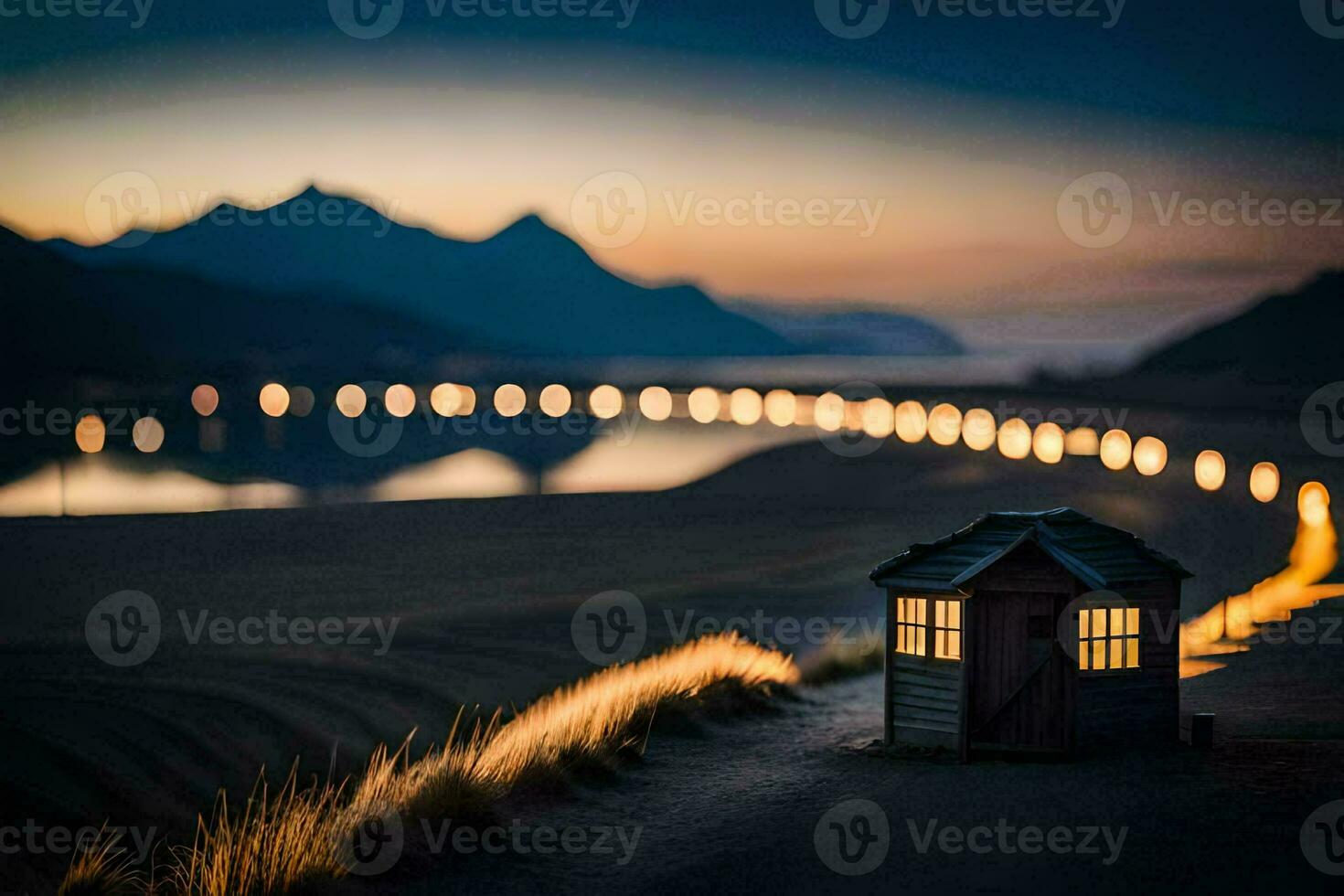 un' piccolo Casa si siede su il spiaggia a crepuscolo. ai-generato foto