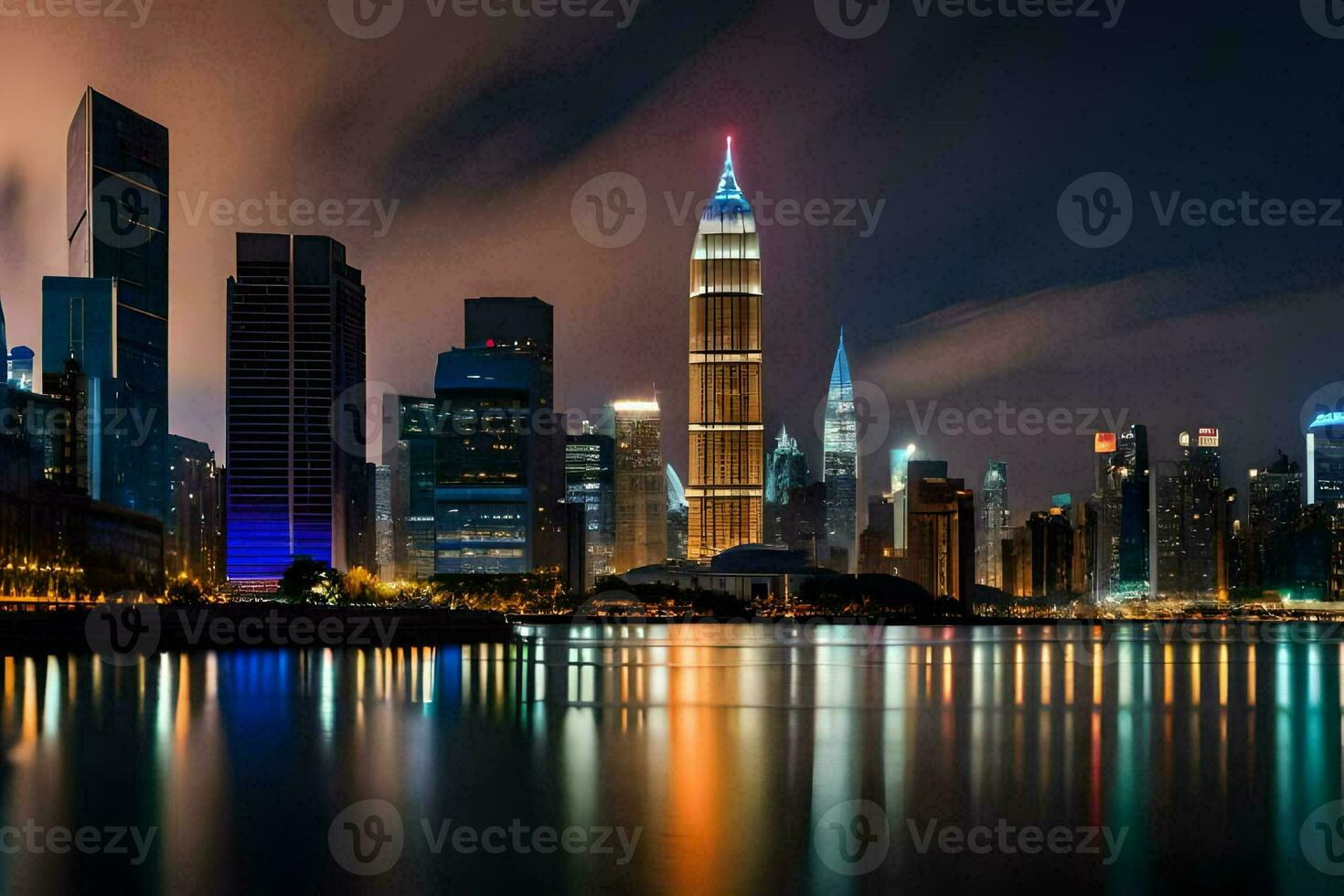 il città orizzonte a notte con il acqua riflettendo. ai-generato foto