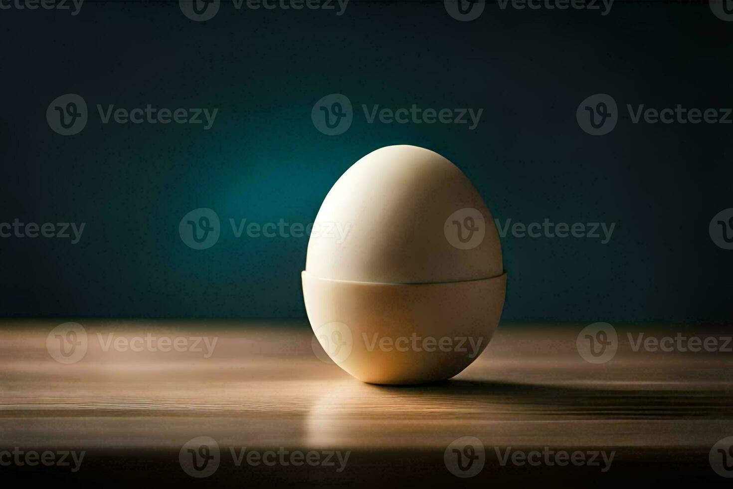 un uovo seduta su un' tavolo con un' blu sfondo. ai-generato foto