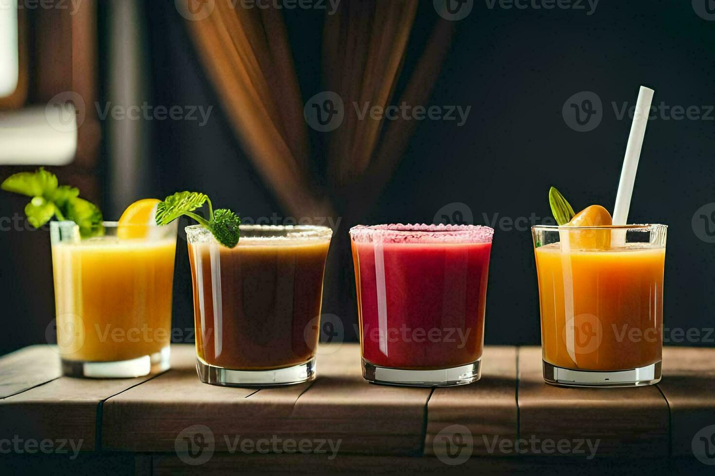 cinque diverso tipi di succhi di frutta nel bicchieri su un' tavolo. ai-generato foto