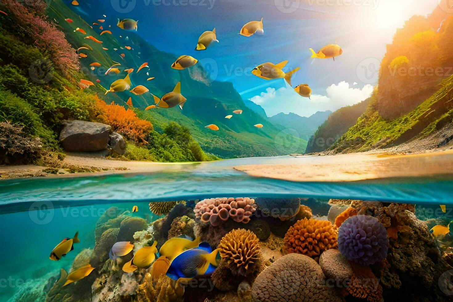 il sole brilla al di sopra di un' tropicale scogliera con pesce e corallo. ai-generato foto