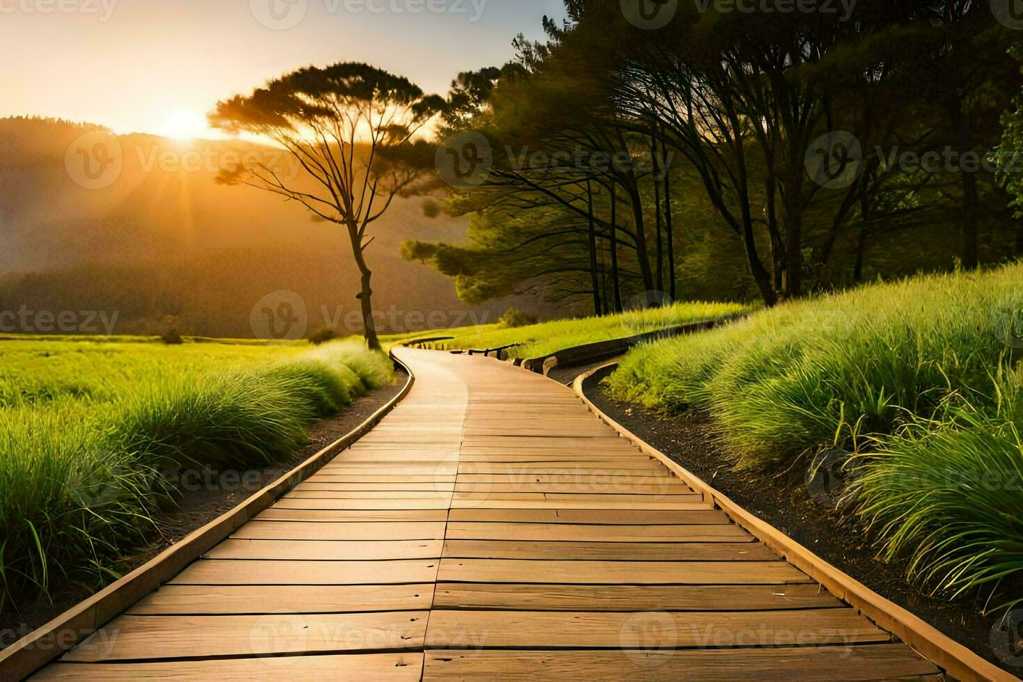 un' di legno sentiero conduce per il sole nel il mezzo di un' erboso campo. ai-generato foto