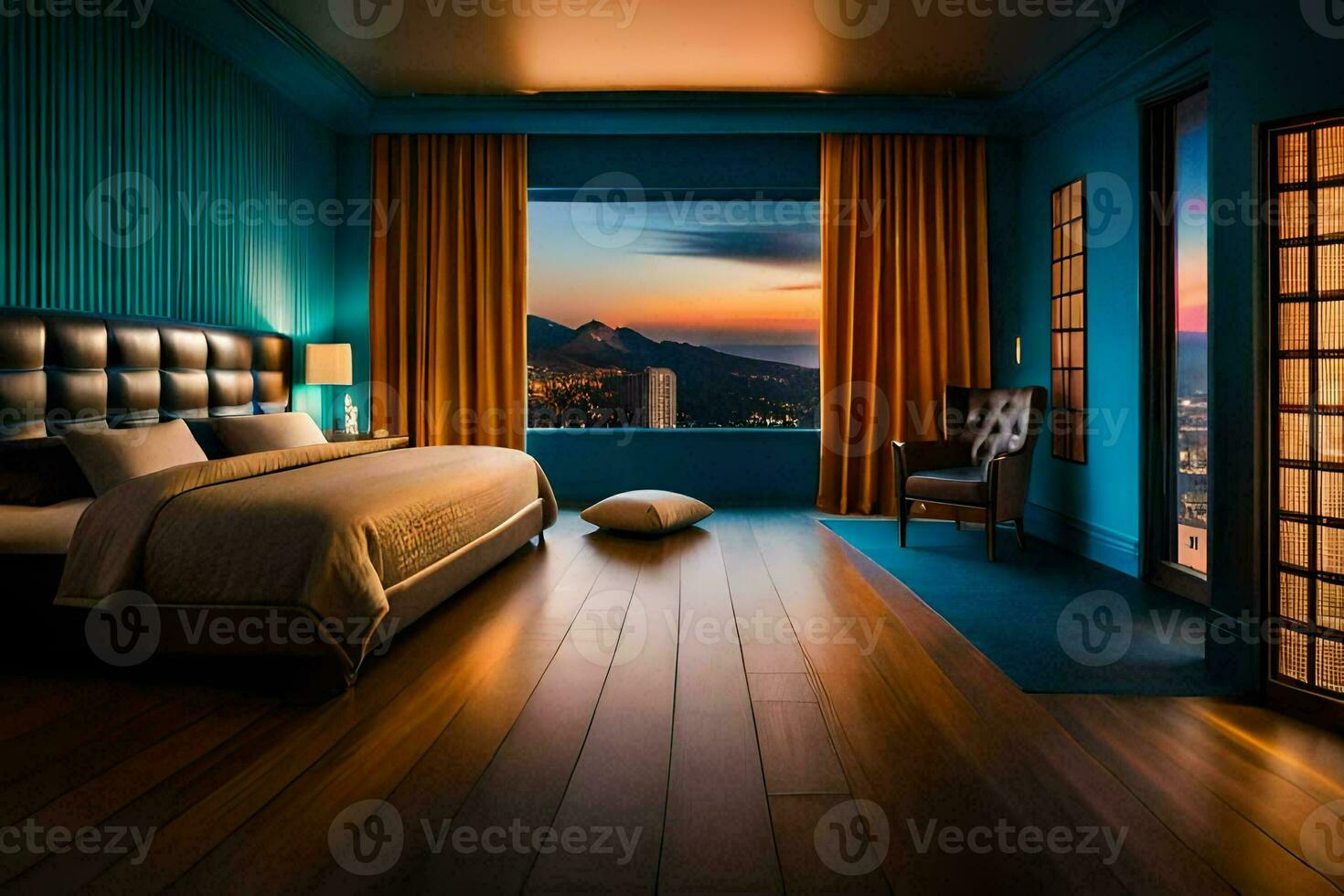 un' Camera da letto con blu muri e un' Visualizza di il città. ai-generato foto