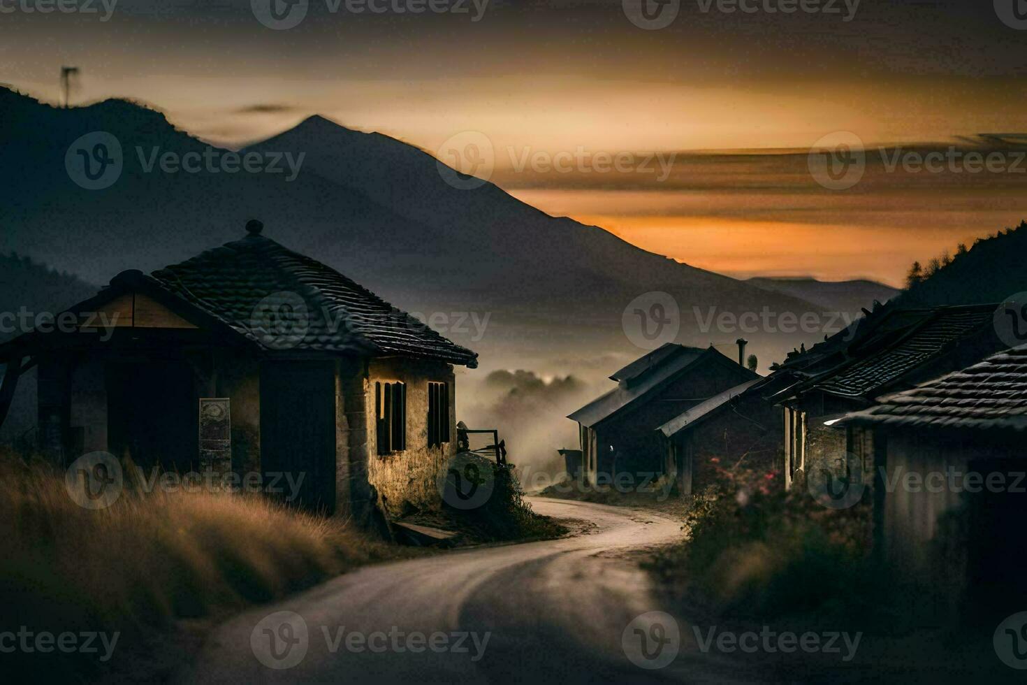 foto sfondo il cielo, montagne, strada, nebbia, il villaggio, il strada, il villaggio. ai-generato