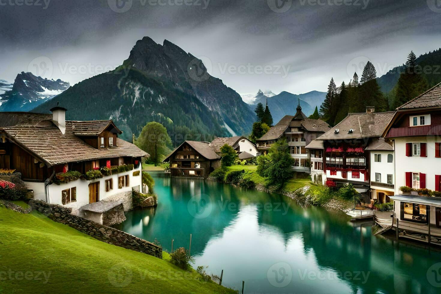 un' fiume corre attraverso un' villaggio nel il montagne. ai-generato foto