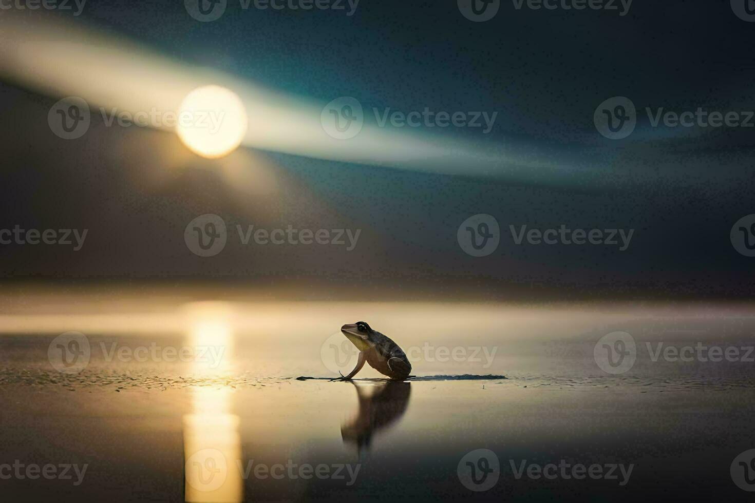 un' rana sta su il acqua a notte con il Luna nel il sfondo. ai-generato foto