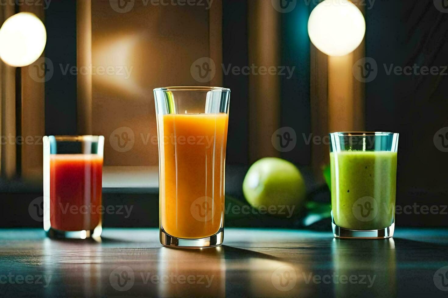 tre bicchieri di succo su un' tavolo. ai-generato foto