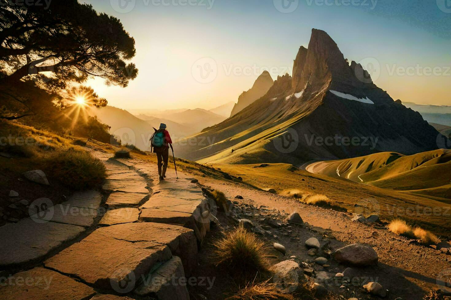 un' uomo passeggiate su un' sentiero nel il montagne. ai-generato foto