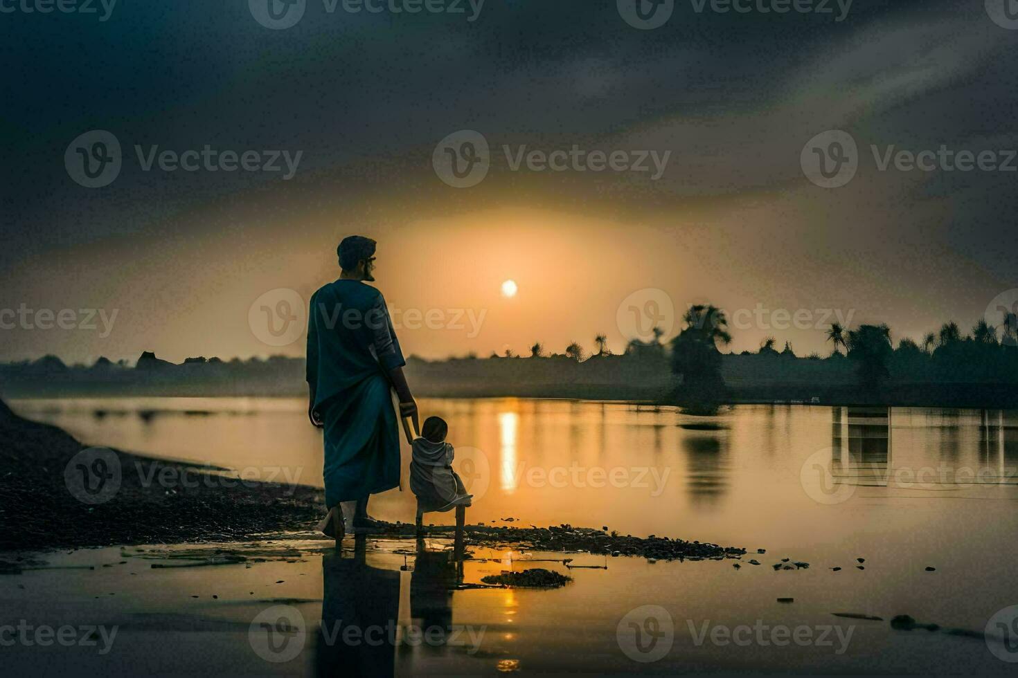 un' uomo e il suo bambino In piedi su il riva di un' lago a tramonto. ai-generato foto