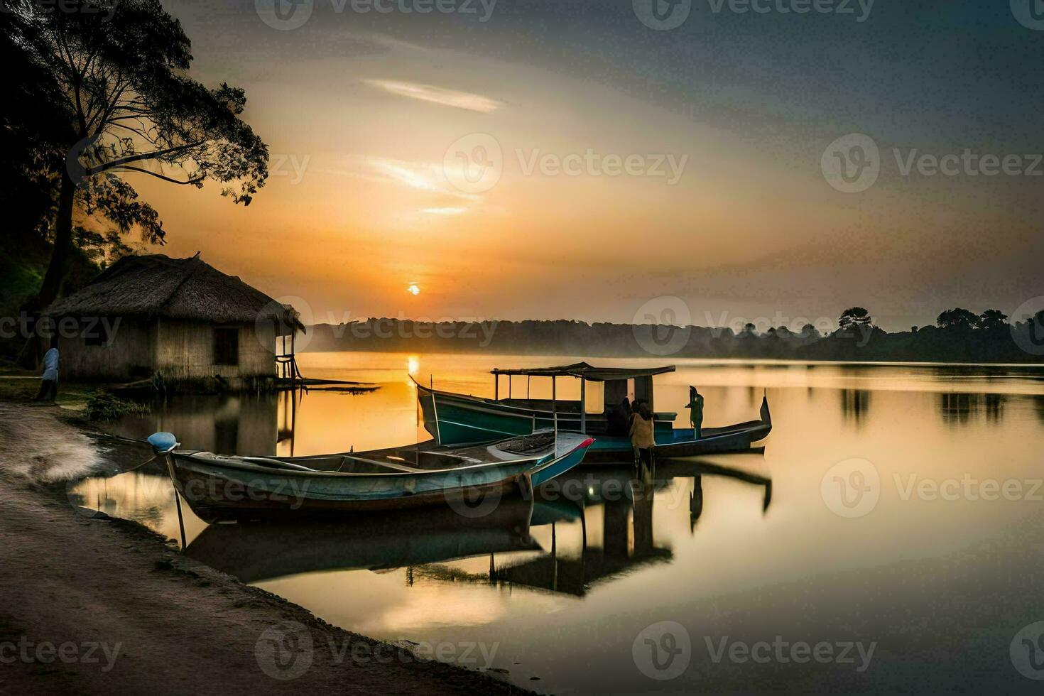 Barche su il lago a tramonto. ai-generato foto