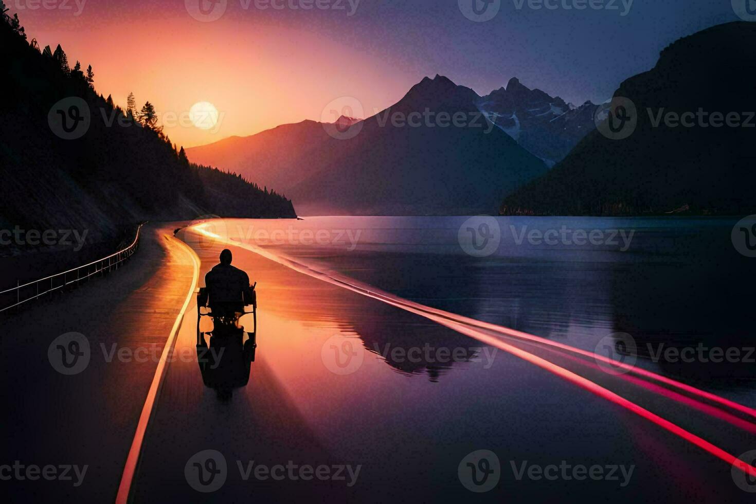 un' uomo nel un' sedia a rotelle è equitazione giù un' strada a tramonto. ai-generato foto
