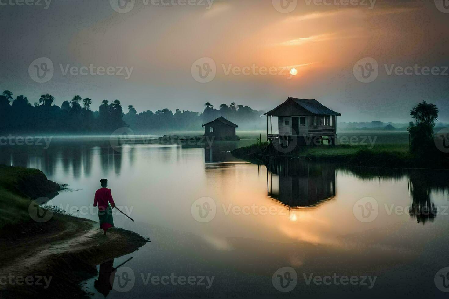 un' uomo è a piedi lungo il fiume con un' bastone. ai-generato foto