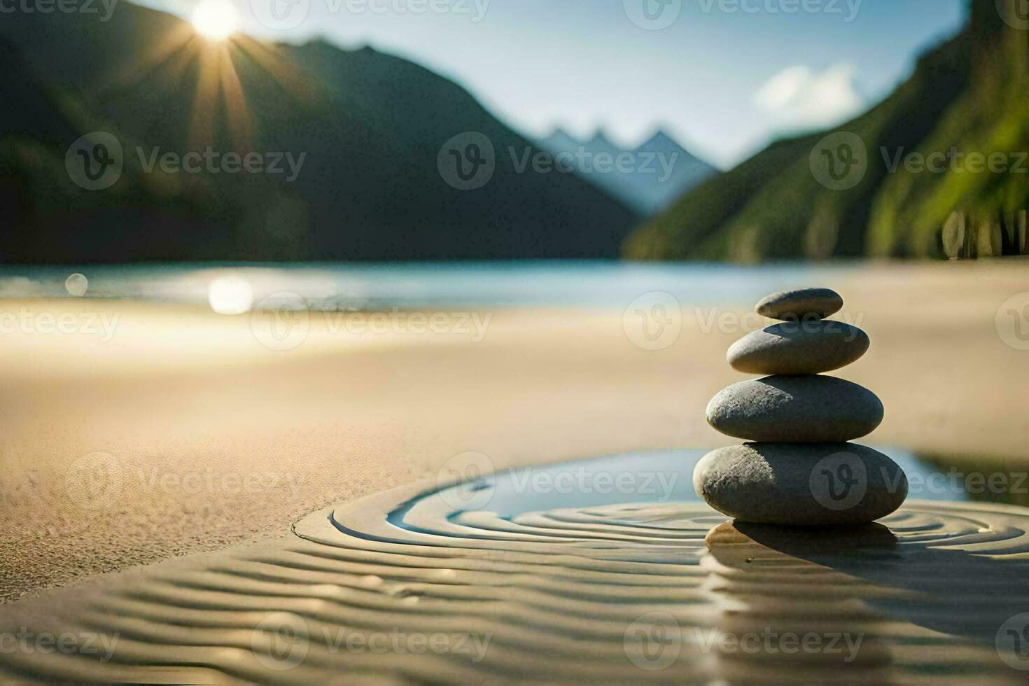 un' pila di pietre su il spiaggia con montagne nel il sfondo. ai-generato foto