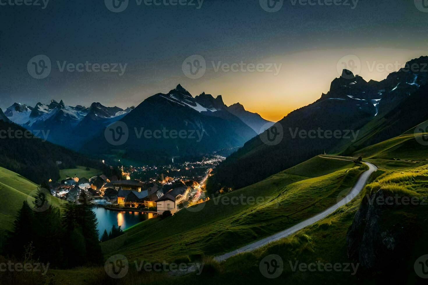 il strada per il villaggio a tramonto. ai-generato foto