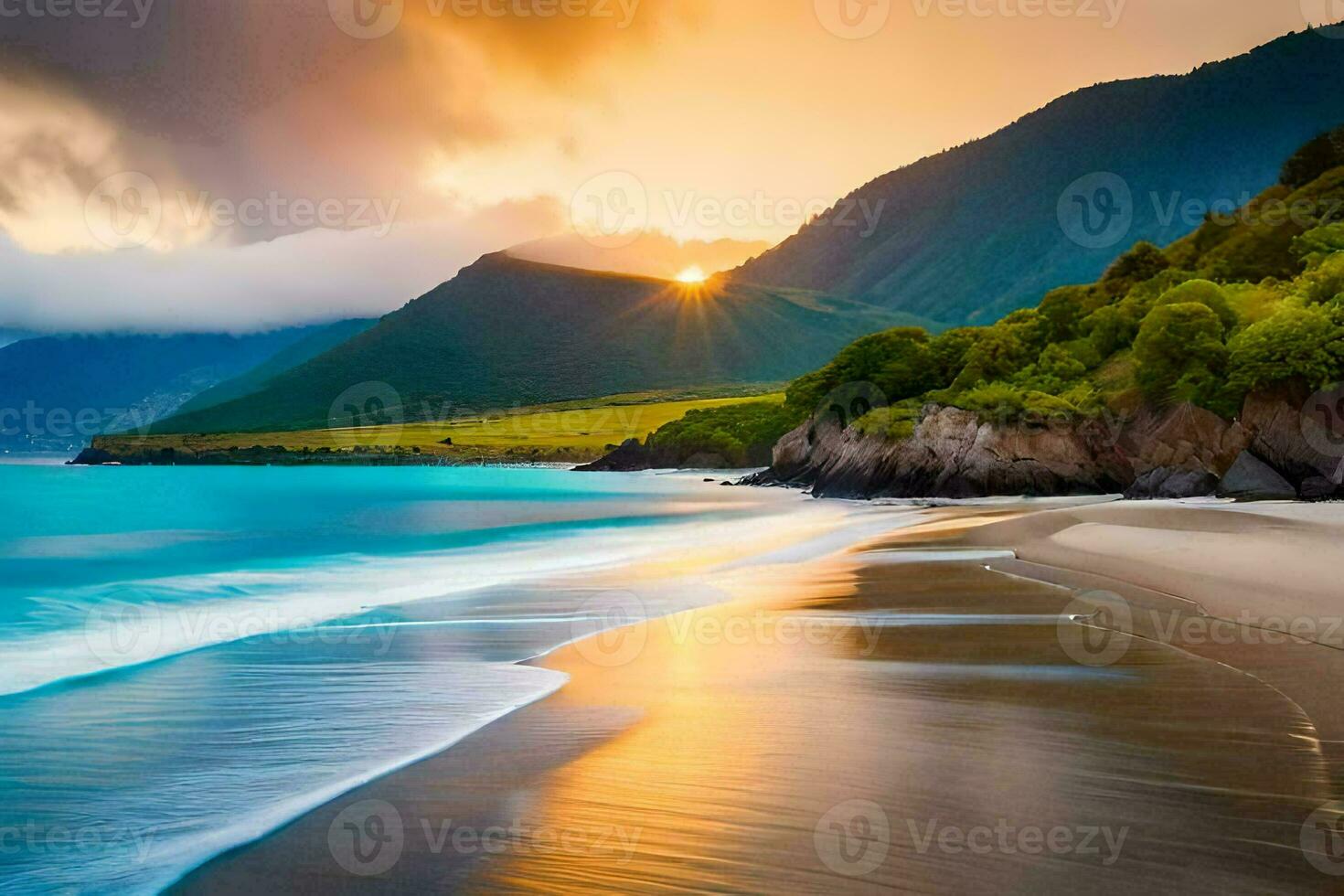 il sole imposta su il spiaggia nel il sfondo. ai-generato foto