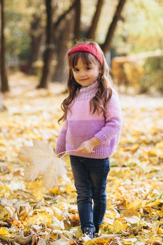 ritratto di una bambina felice che tiene una foglia nel parco autunnale foto