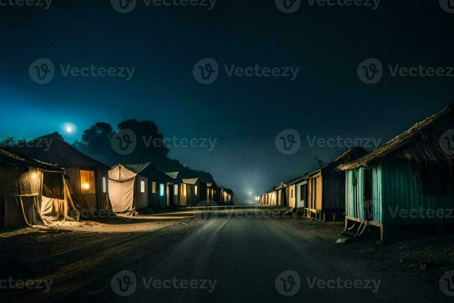 un' lungo strada a notte con molti capanne e tende. ai-generato foto