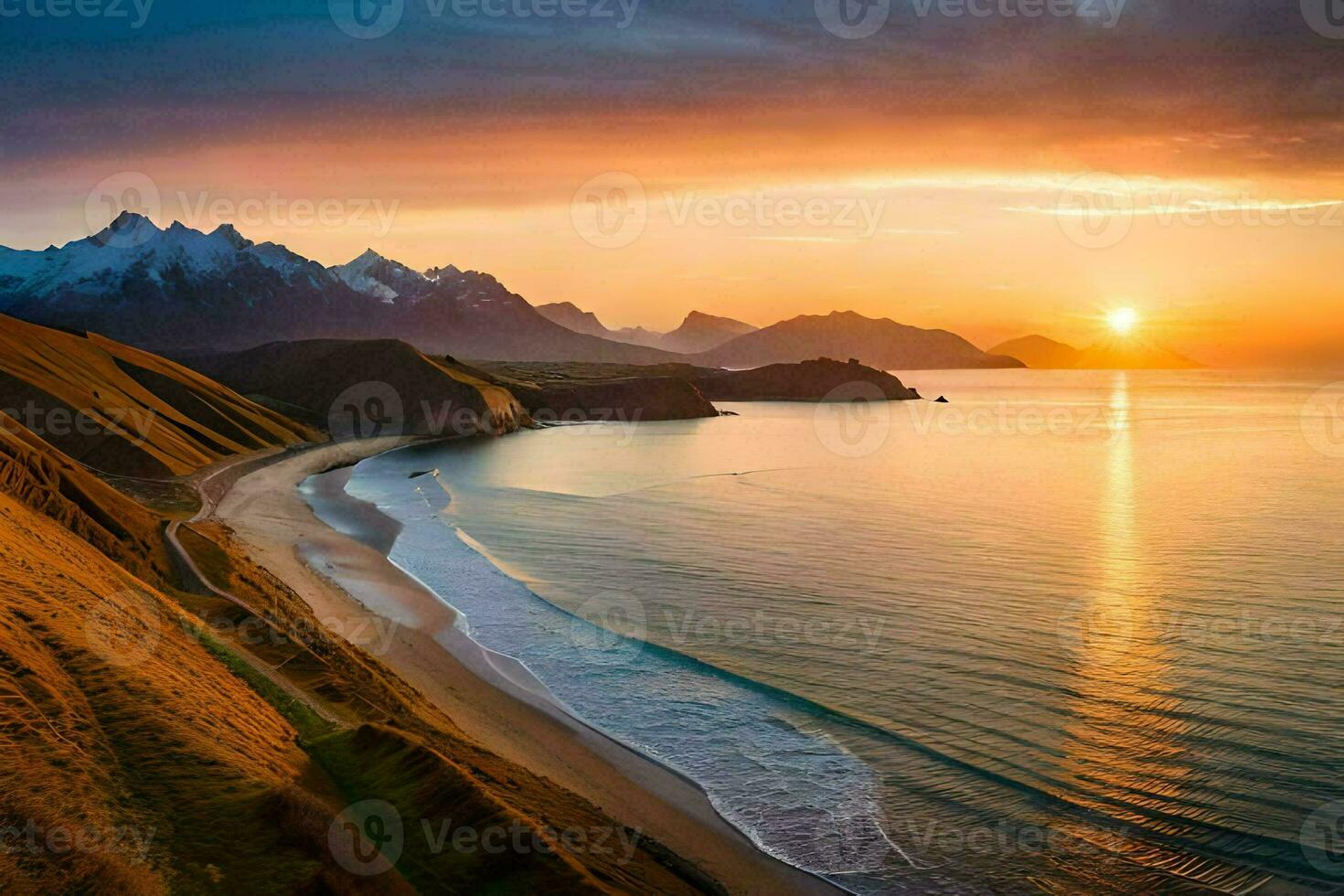 il sole imposta al di sopra di un' spiaggia e montagne. ai-generato foto