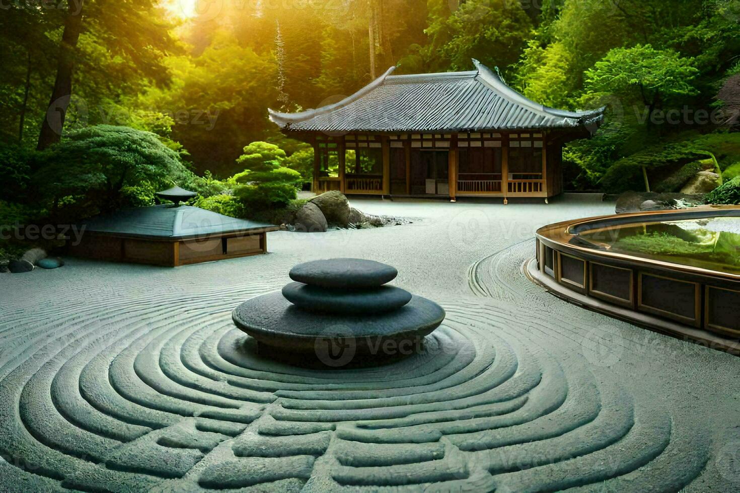 un' zen giardino con un' pietra sentiero e un' pagoda. ai-generato foto