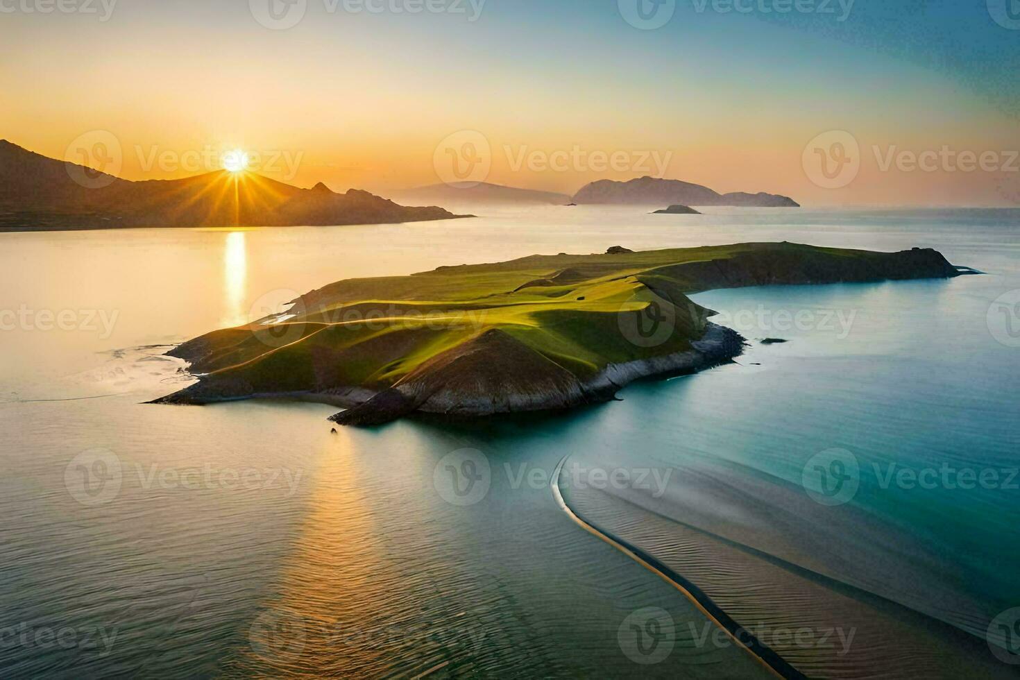 il sole imposta al di sopra di un isola nel il oceano. ai-generato foto