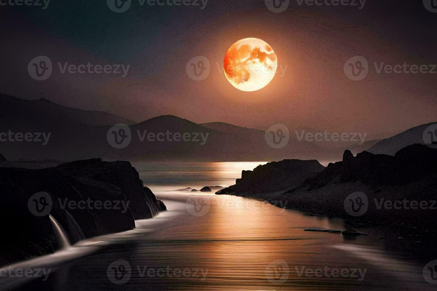 un' pieno Luna è visto al di sopra di un' fiume nel il scuro. ai-generato foto