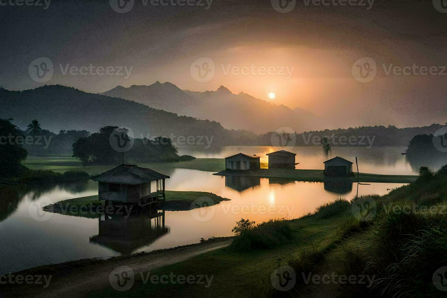 il sole sorge al di sopra di un' lago e alcuni piccolo case. ai-generato foto