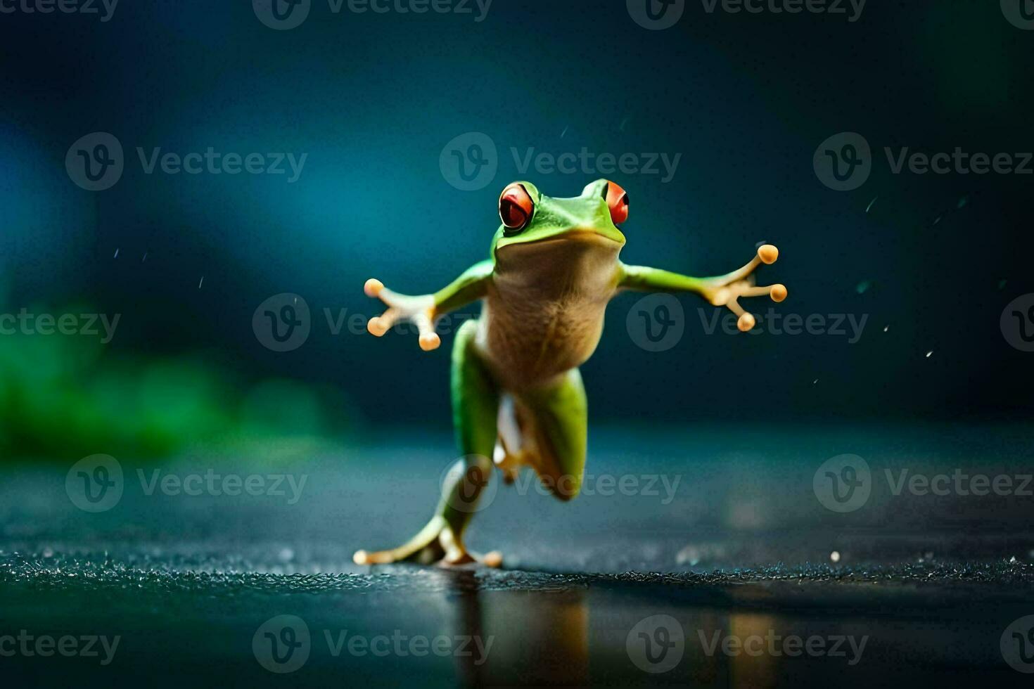 un' rana salto su il terra con suo gambe differenza. ai-generato foto