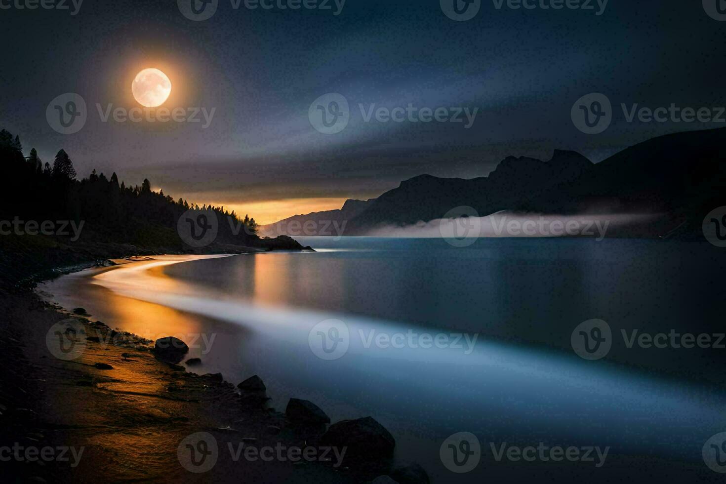 il Luna sorge al di sopra di il acqua e montagne. ai-generato foto