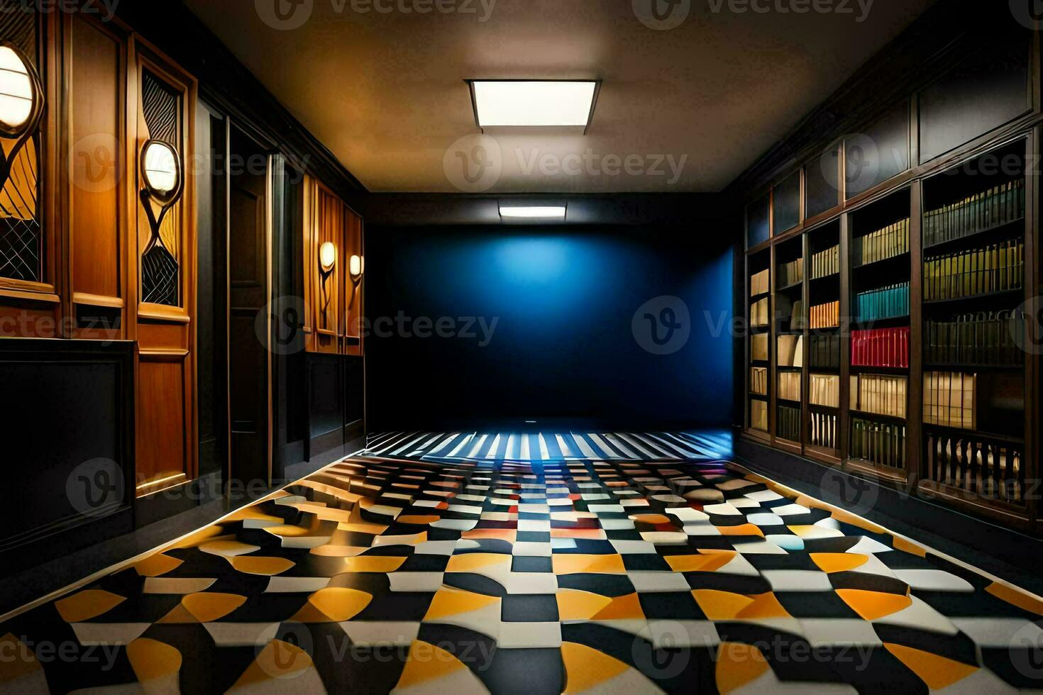 il corridoio ha un' nero e bianca scacchi pavimento. ai-generato foto