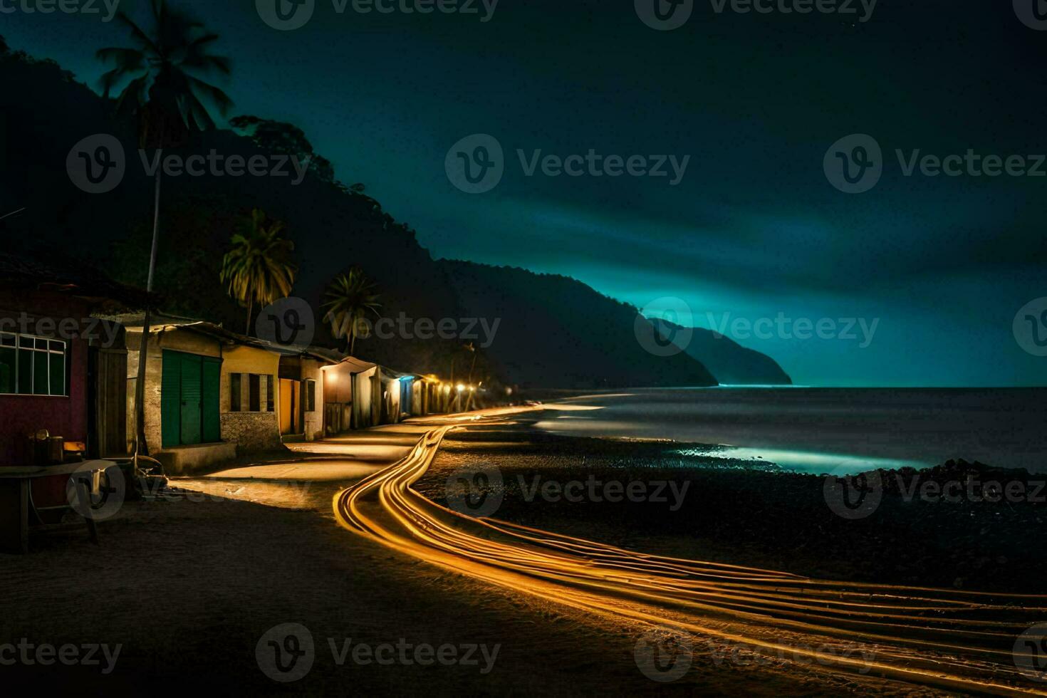 un' lungo esposizione fotografia di un' spiaggia a notte. ai-generato foto