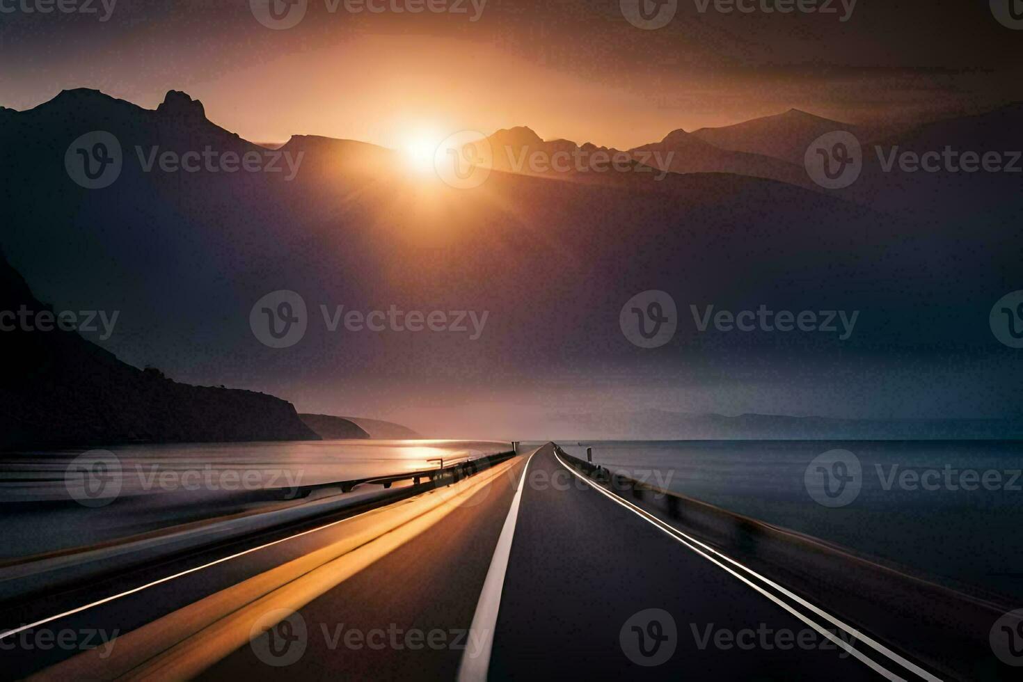 un' strada con il sole ambientazione al di sopra di montagne. ai-generato foto