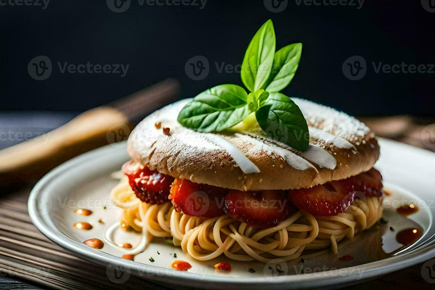 un' piatto con un' Sandwich con fragole e spaghetti. ai-generato foto