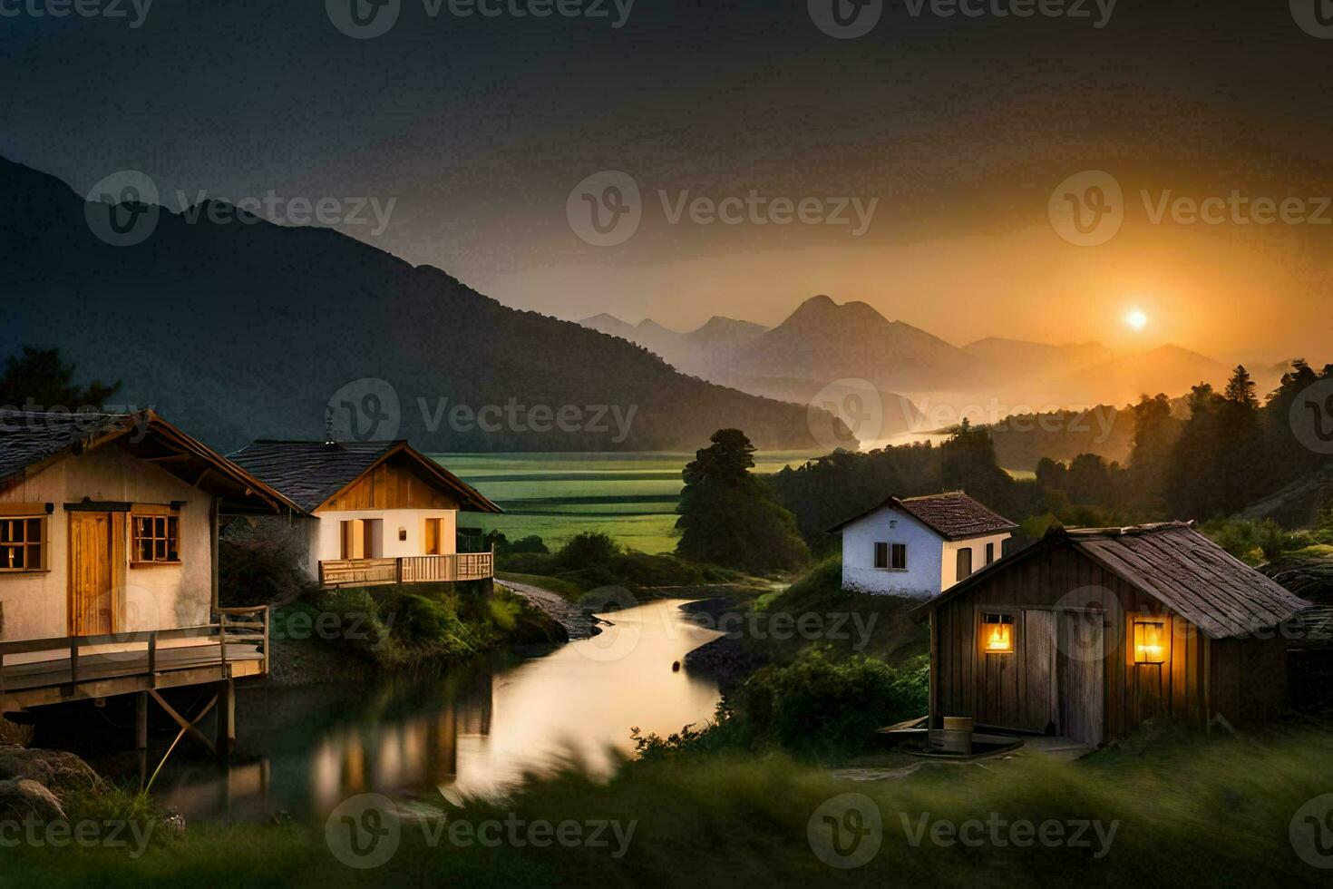 foto sfondo il cielo, montagne, acqua, il sole, il montagne, il sole, il. ai-generato