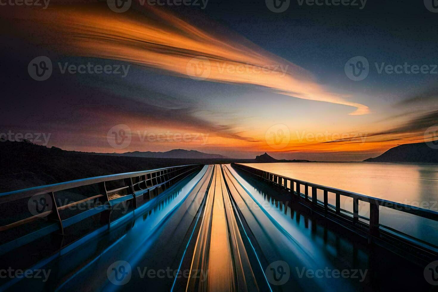 un' treno andando al di sopra di un' ponte a tramonto. ai-generato foto