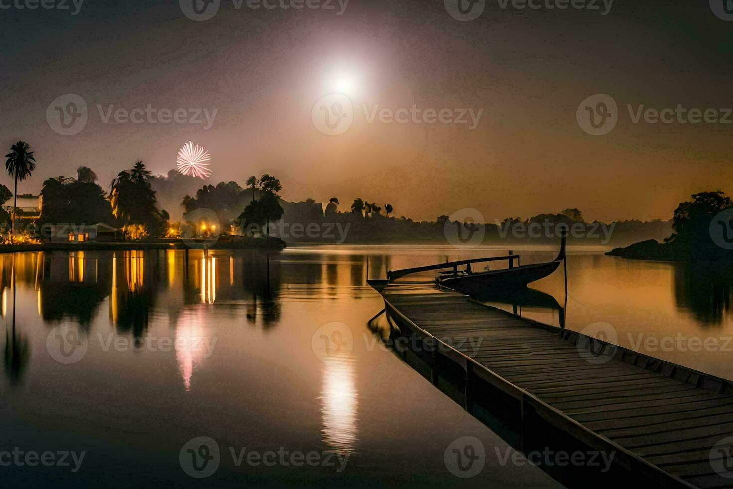 un' molo con un' barca e un' chiaro di luna cielo. ai-generato foto