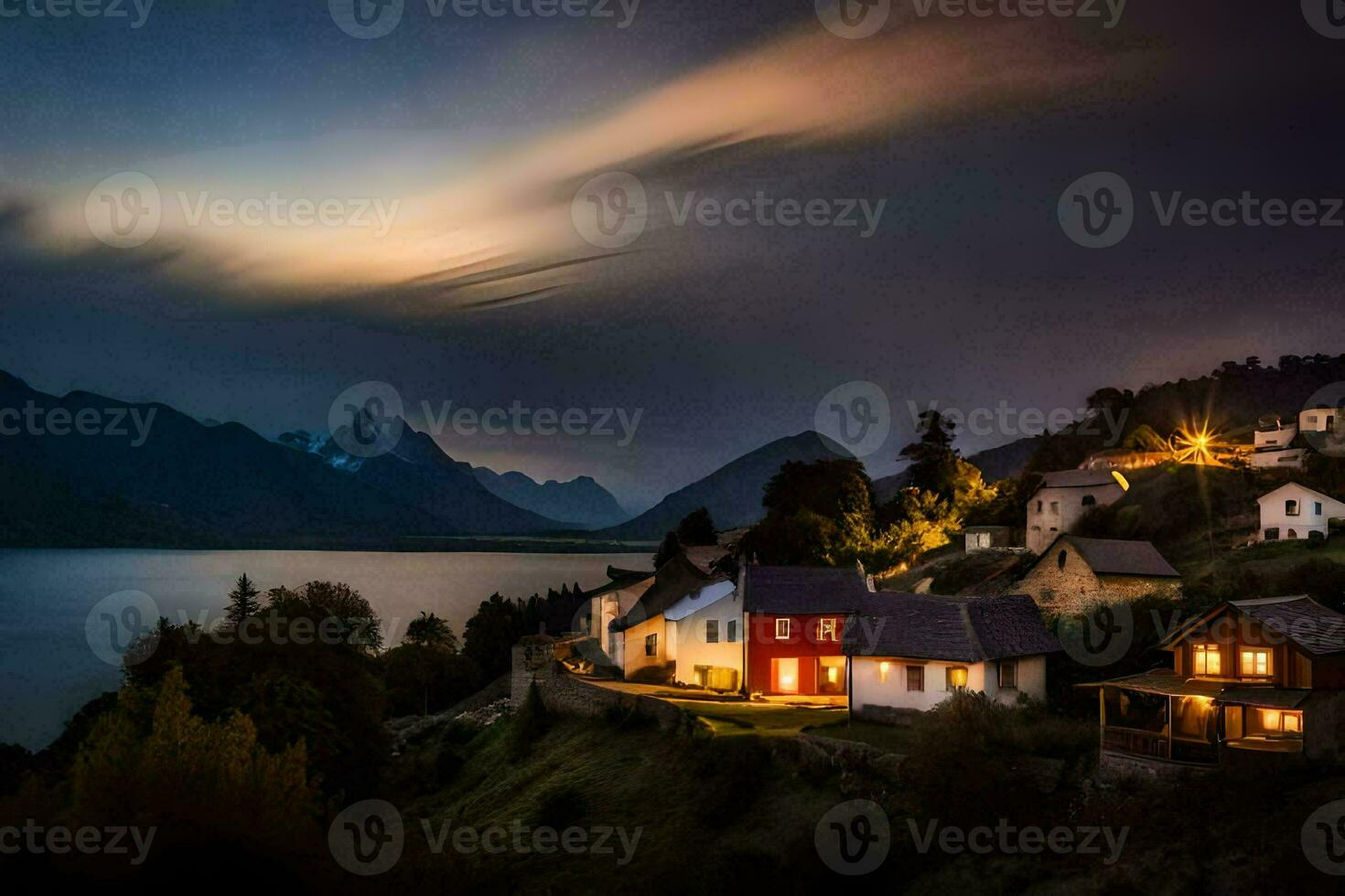 un' piccolo villaggio nel il montagne a notte. ai-generato foto