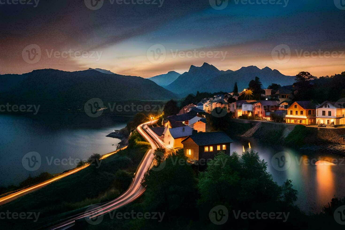 foto sfondo il cielo, montagne, acqua, strada, Casa, lago, Casa, il cielo. ai-generato