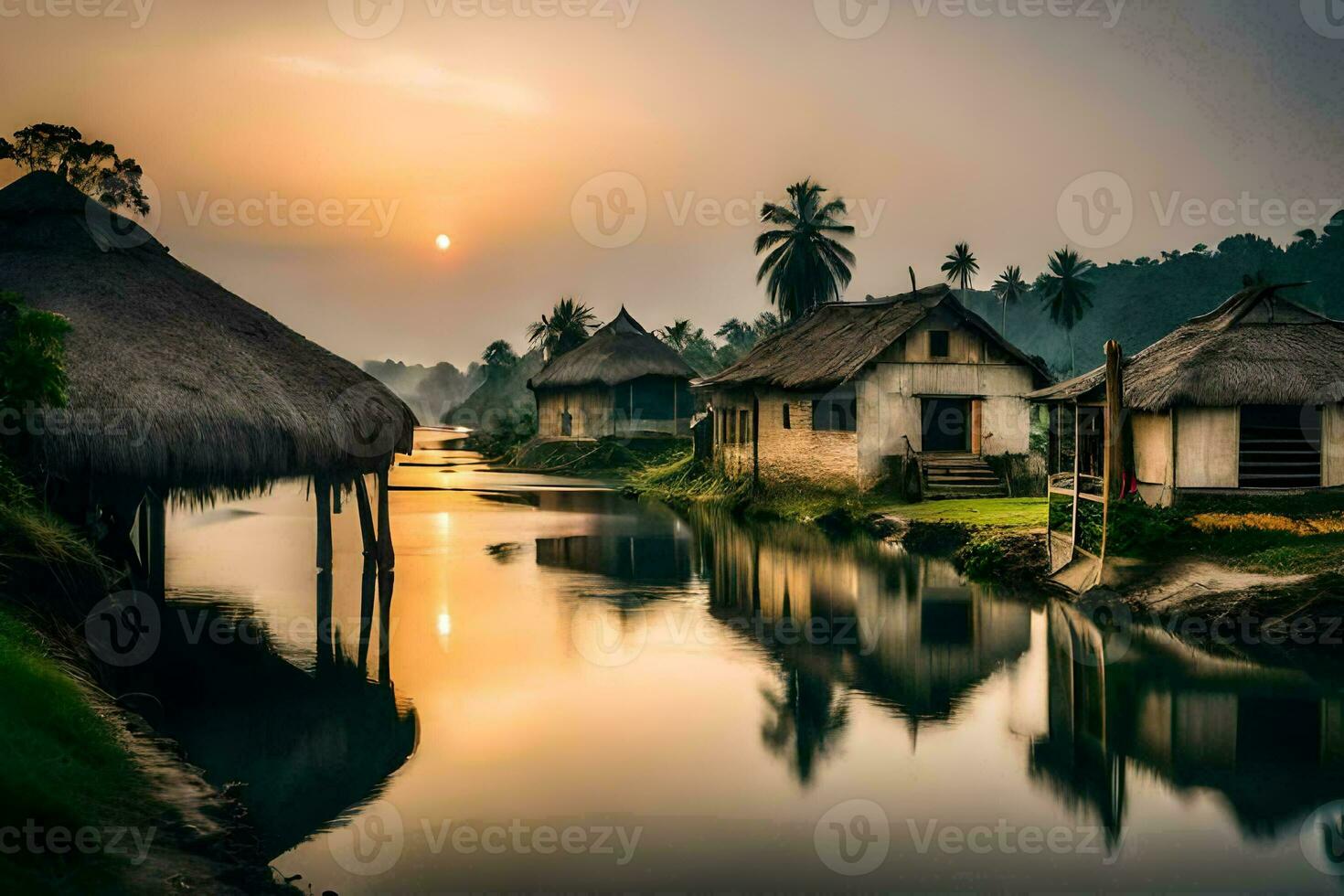 un' fiume nel il mezzo di un' villaggio a tramonto. ai-generato foto