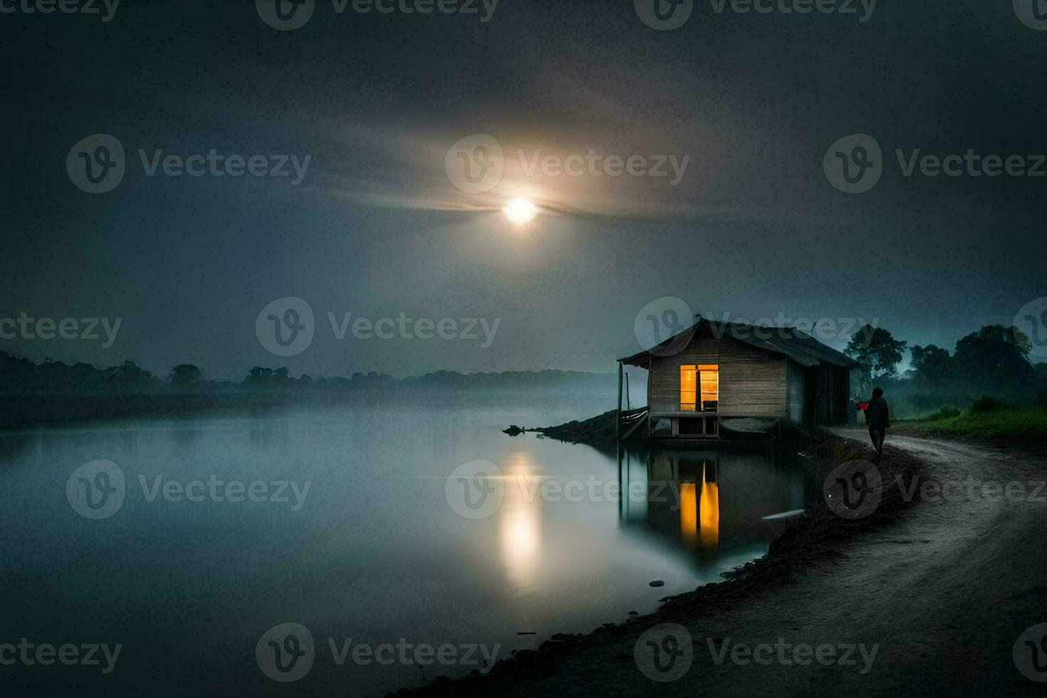 foto sfondo il Luna, acqua, il lago, il Casa, il Luna, il lago,. ai-generato