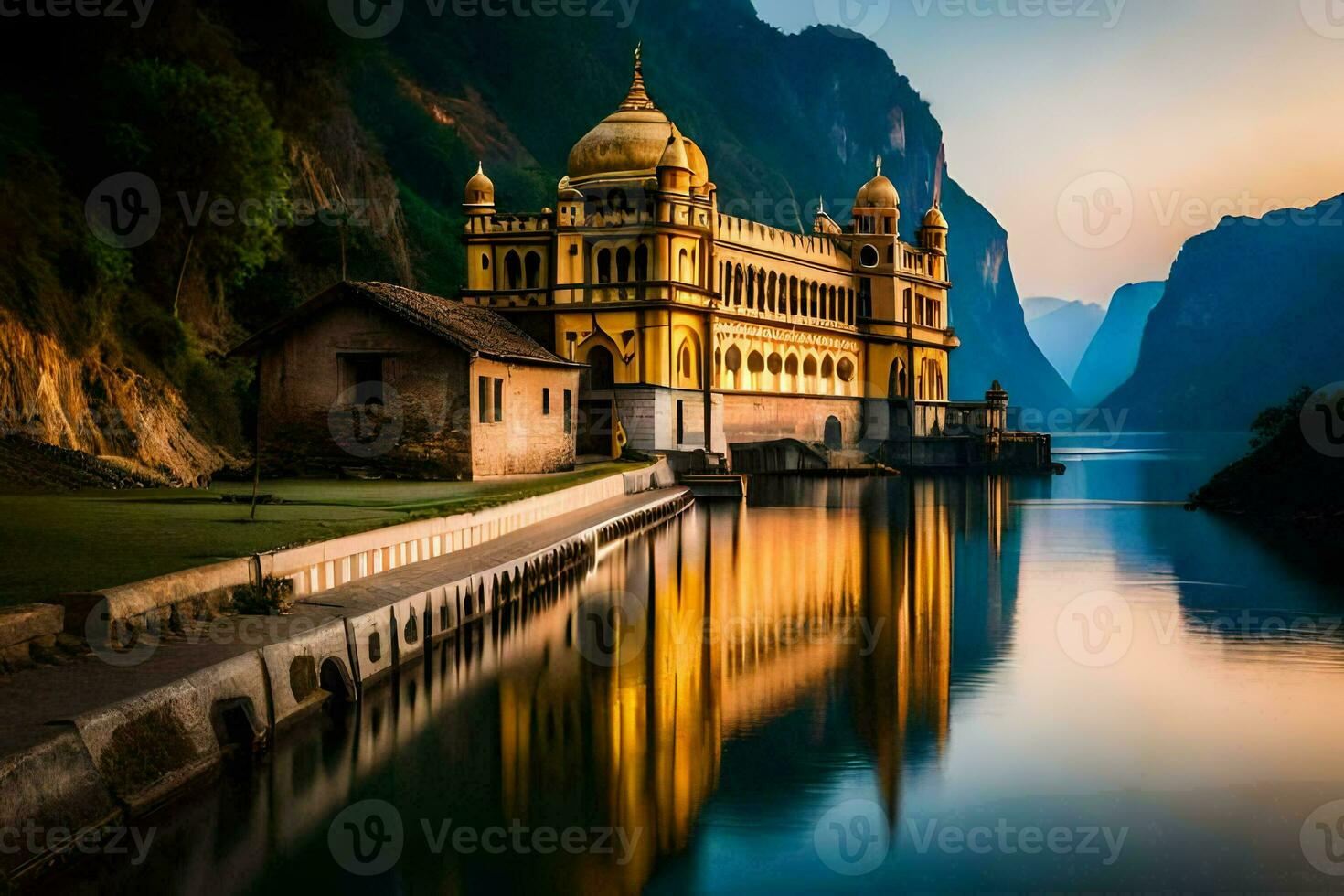 un' d'oro edificio si siede su il lato di un' fiume. ai-generato foto