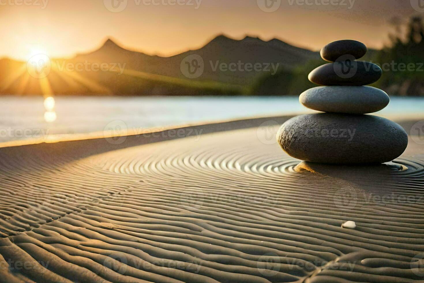 un' pila di pietre su il spiaggia a tramonto. ai-generato foto