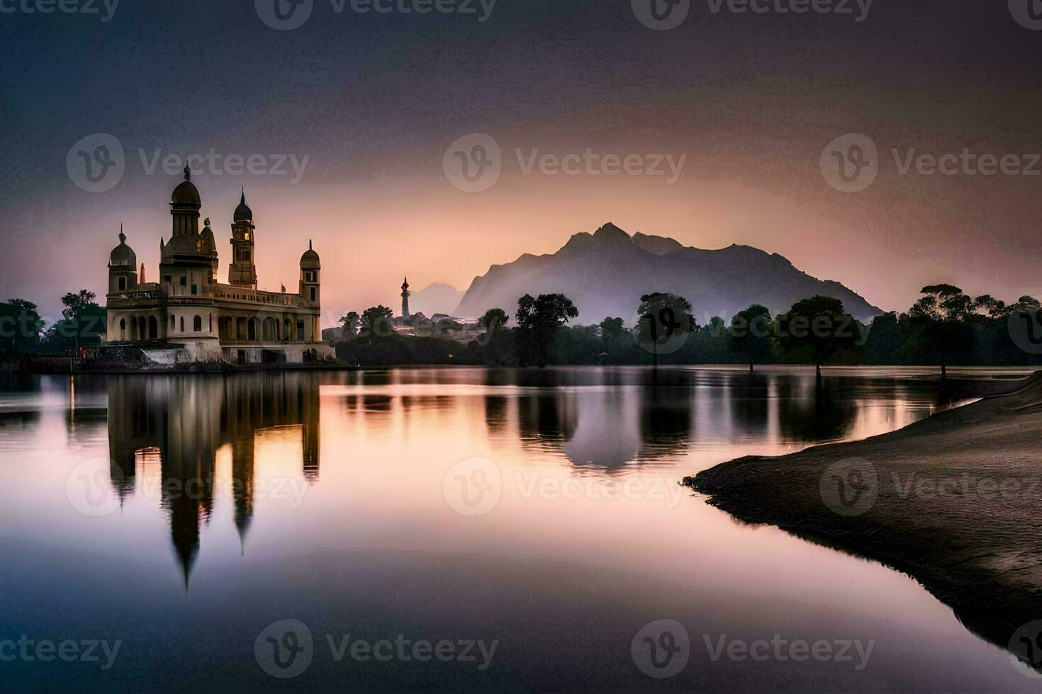 il sole imposta al di sopra di un' lago e un' moschea. ai-generato foto